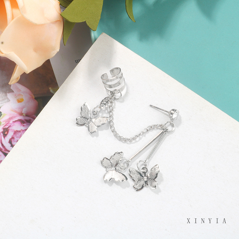 Khuyên vành tai kim loại thiết kế bươm bướm phối chuỗi xích cá tính thời trang dành cho nữ