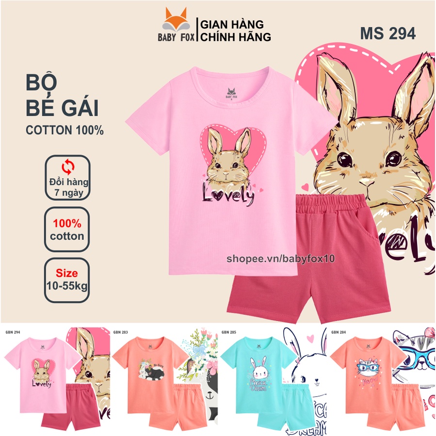 Bộ thun bé gái 100% cotton loại tốt, thương hiệu BABY FOX, in hình mèo, thỏ dễ thương d
