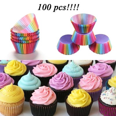 Set 100 hộp giấy nướng bánh cupcake màu cầu vồng dễ thương