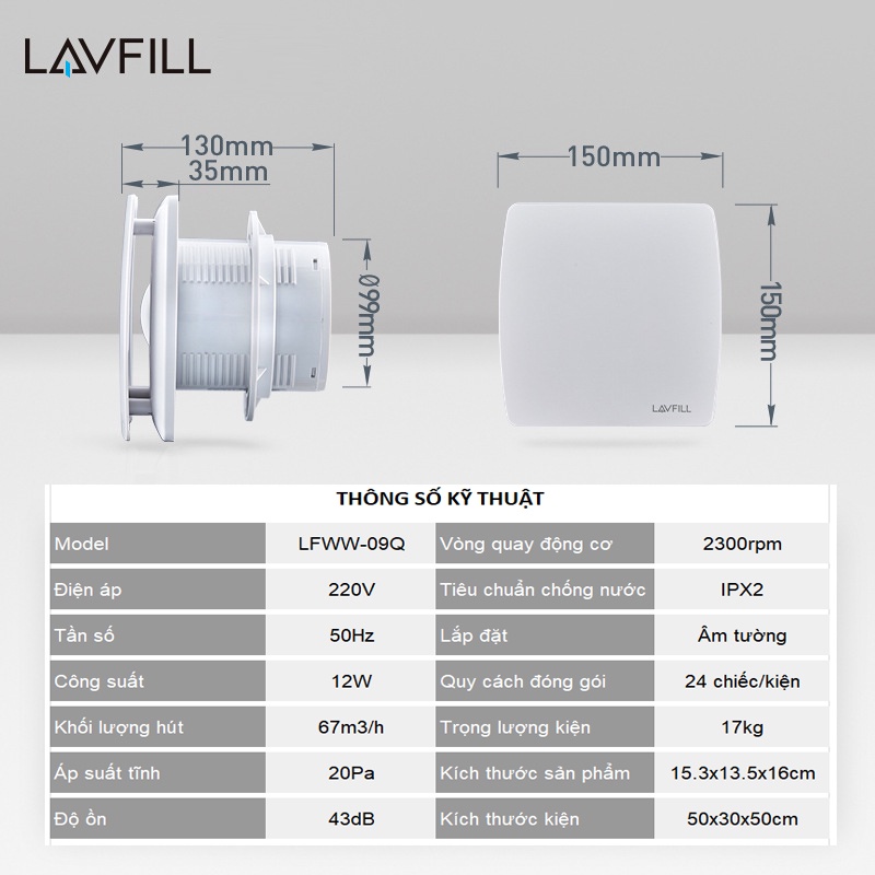 Quạt thông gió 1 chiều gắn tường mặt phẳng LAVFILL LFWW-09Q, LFWW-13Q