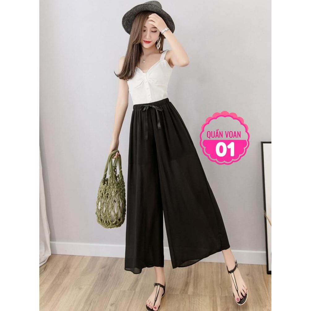 Quần ống rộng nữ chất voan siêu mềm mướt lưng thun phối nơ dễ thương QV01