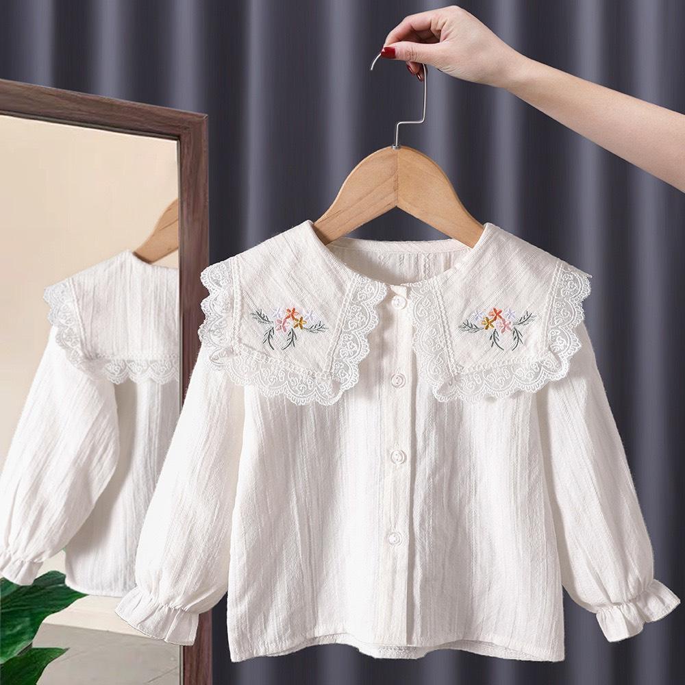 ÁO SƠ MI CỔ THÊU HOA VIỀN REN CHO BÉ GÁI- HÀNG QCCC