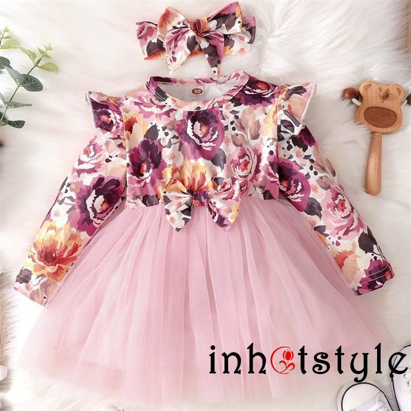 Đầm công chúa cổ tròn tay dài phối ren lưới in họa tiết hoa + băng đô xinh xắn cho bé gái