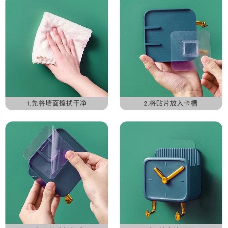 Kệ đựng remote dán tường hình ĐỒNG HỒ có rãnh sạc điện thoại &amp; 2 móc treo phụ kiện - Giá treo remote dán tường mẫu mới