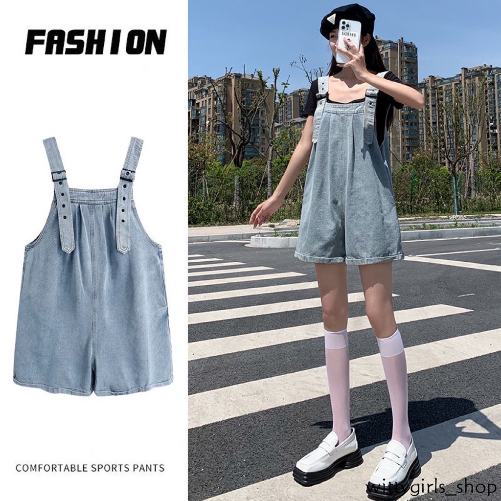 Wittygirls_ Shop | Quần Yếm Denim Ống Rộng Dễ Thương Phong Cách Retro Cho Nữ