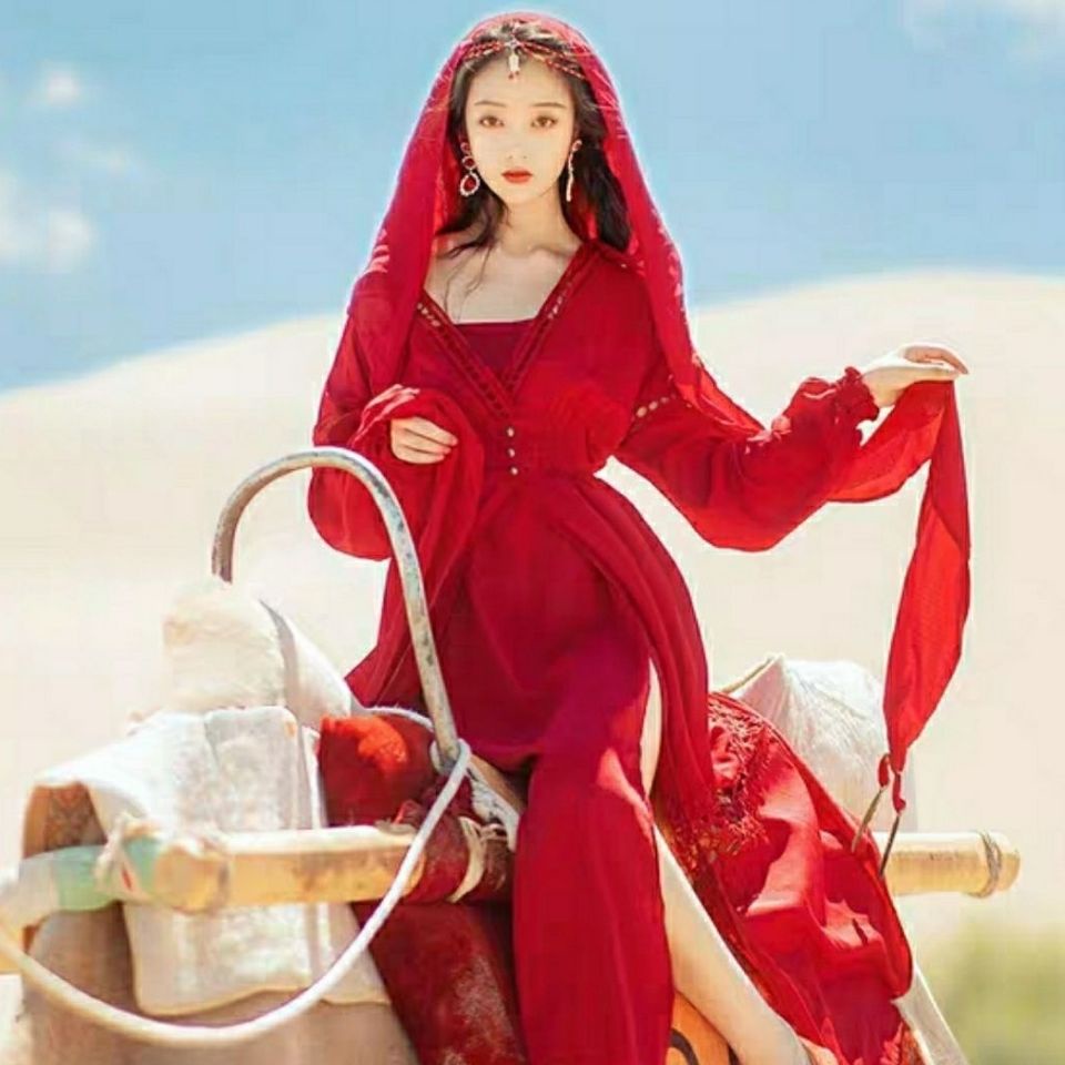 Yunnan Váy Dài Có Mũ Trùm Đầu Cỡ Lớn Màu Đỏ Trà Phong Cách Thái Lan Tây Tạng Có Mũ Trùm Dành Cho Nữ Mặc Khi Đi Du Lịch
