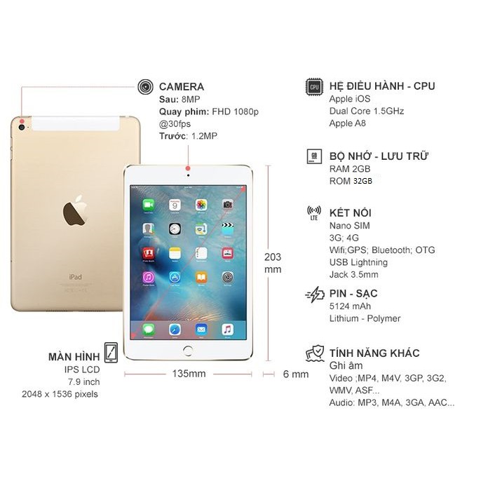 Máy tính bảng iPad Mini 4 32GB 4G - mới 99% - BH 6TH