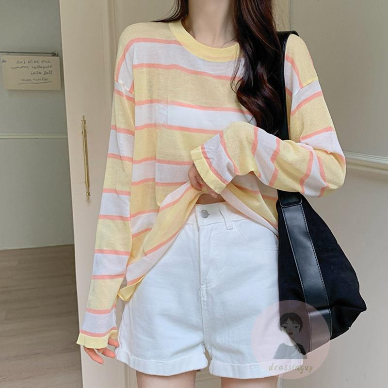 Áo Thun Nữ Dài Tay Cổ Tròn Sọc Ngang Thời Trang