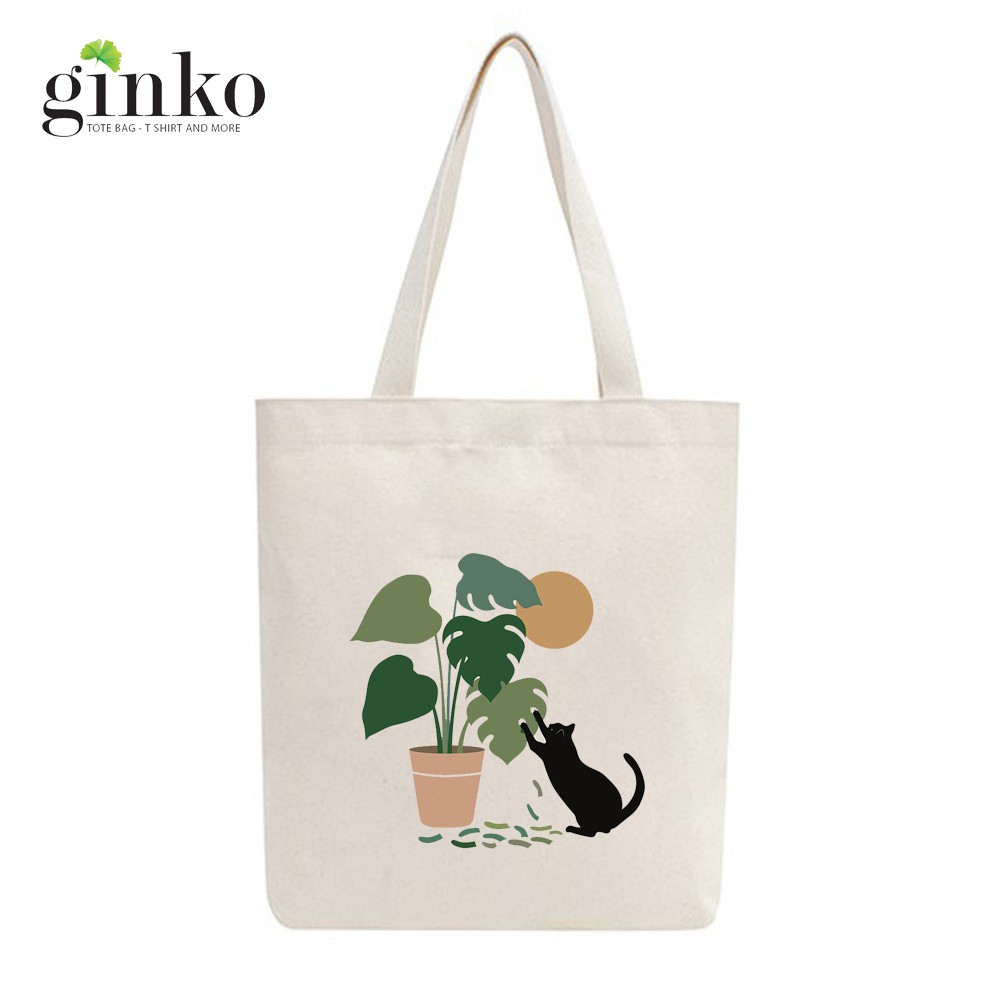 Túi tote vải mộc GINKO dây kéo in hình cat with montera leaf M11