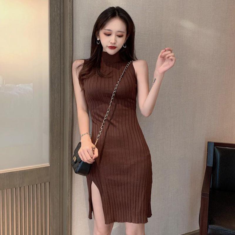 Round Neck Knit Women Slit Dress Novel Chic Solid Color Sleeveless Knee-length