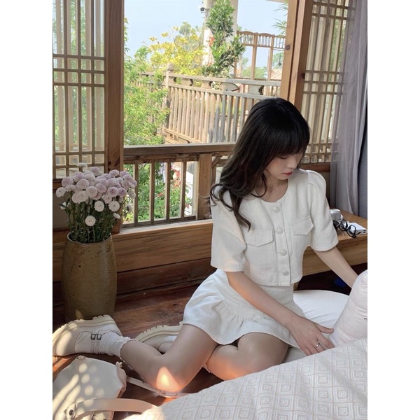Set áo croptop cổ tròn tay bồng+váy xoè xinh xắn phong cách ulzzang SAM SAM BOUTIQUE