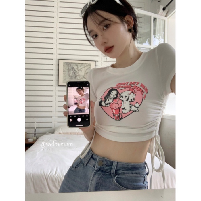 Áo Thun Tay Ngắn Dáng Ôm Cột Dây In Họa Tiết Thời Trang Hàn Quốc Quyến Rũ Cho Nữ