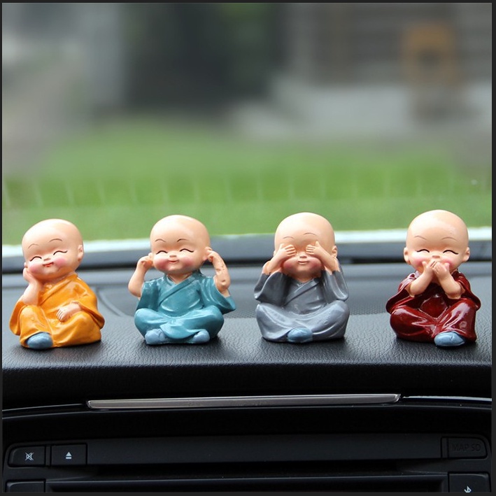 Bộ Tượng Chú Tiểu Hòa Thượng Tứ Không - Phật Phong Thủy Mini 4 Tư Thế, Trang Trí Xe Hơi, Để Bàn làm việc