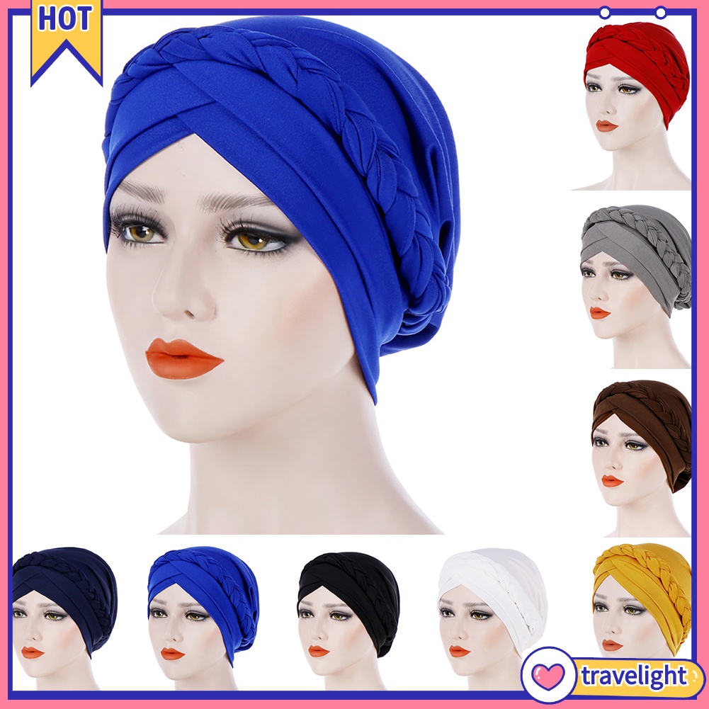 Mũ turban trùm đầu thắt bím màu trơn thời trang cho nữ