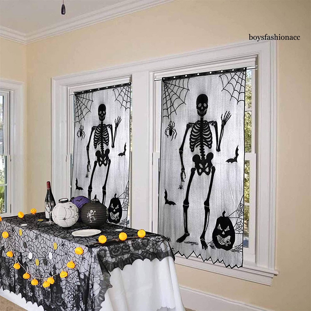 Rèm Cửa Ren Họa Tiết Bộ Xương Nhện Kinh Dị Trang Trí Halloween