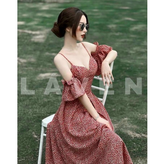 Váy đầm nữ dáng xòe hia dây trễ vai họa tiết dễ thương