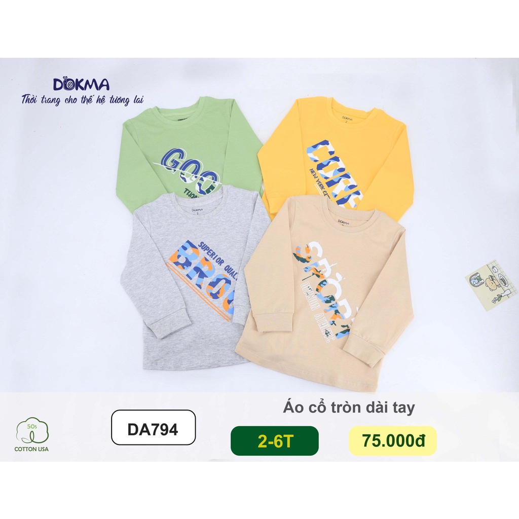 Áo dài tay vải cotton mỏng cổ tròn in họa tiết cho bé - DOKMA