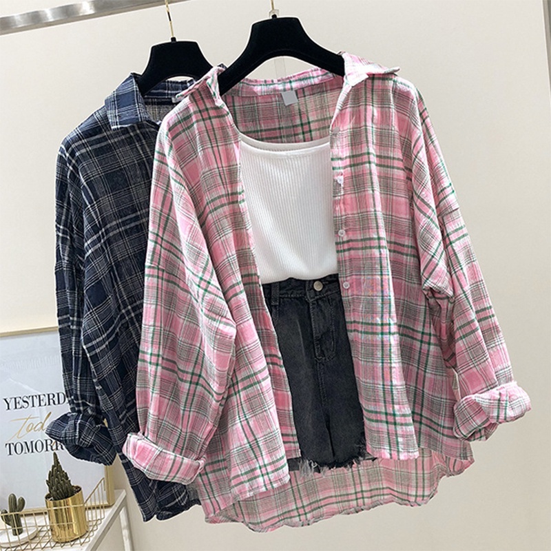 Áo Khoác Cardigan Vải Chiffon Mỏng Tay Dài Chống Nắng In Họa Tiết Caro Cho Nữ