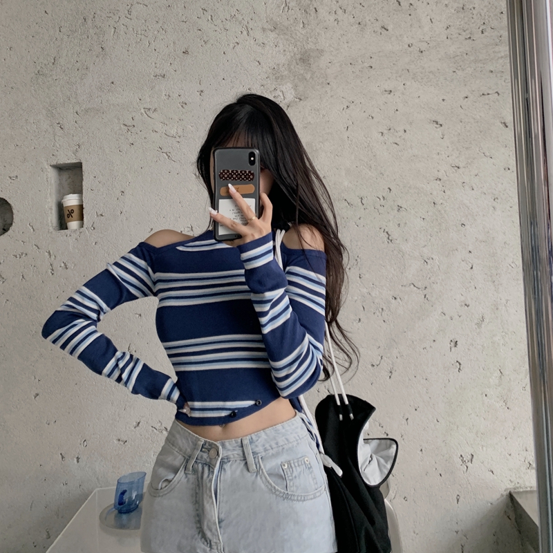 Áo Croptop Xiaozhainv Tay Dài Hoạ Tiết Kẻ Sọc Phong Cách Hàn Quốc