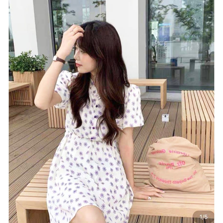 Váy trắng babydoll hoa tím body Ulzzang tay bồng , Đầm nữ vintage thiết kế dáng ngắn | BigBuy360 - bigbuy360.vn