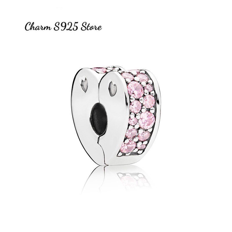 charm pan khoá chặn tim đính đá hồng bạc s925 cao cấp