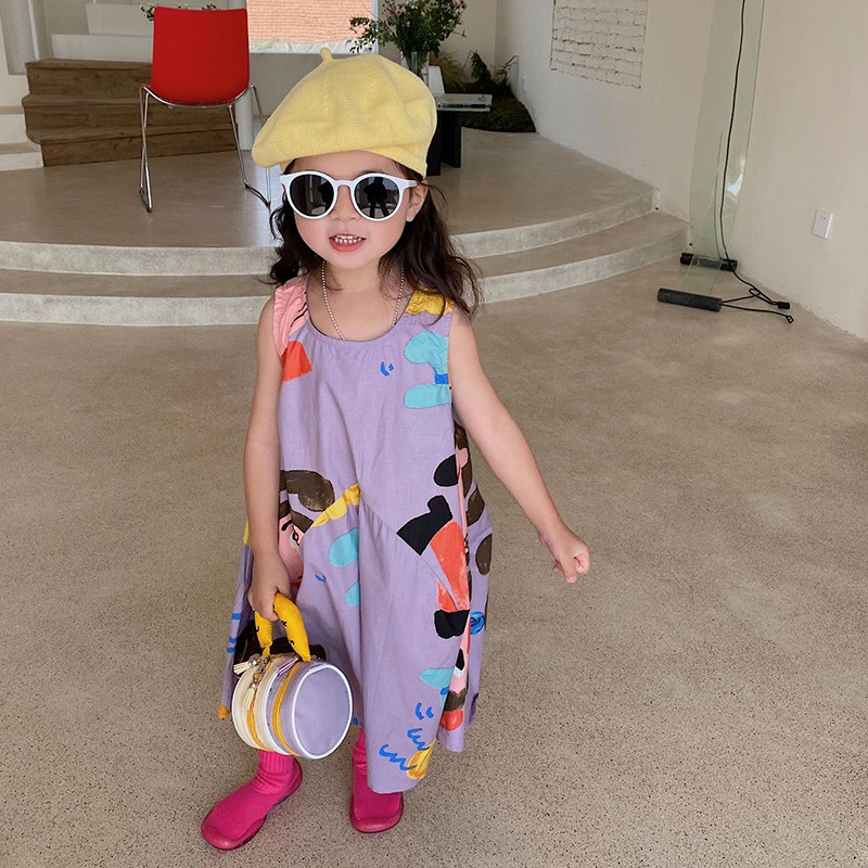 Đầm Công Chúa Sát Nách Cổ Tròn In Họa Tiết Hoạt Hình Kiểu Hàn Quốc Thời Trang Mùa Hè Cho Bé