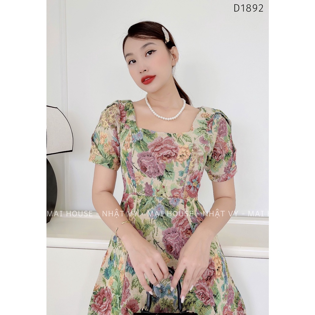 Đầm Nữ NHẬT VY Hoa Cổ Vuông Tay Ngắn Chiết Eo Chất Vải Bố Đi Chơi Dáng Xòe Màu Xanh - D1892