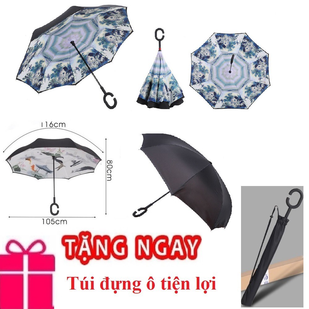 ô dù mở ngược miền quê sông nước 2 lớp tặng kèm túi đựng ô thương hiệu shopaha247 đường kính 105 cm