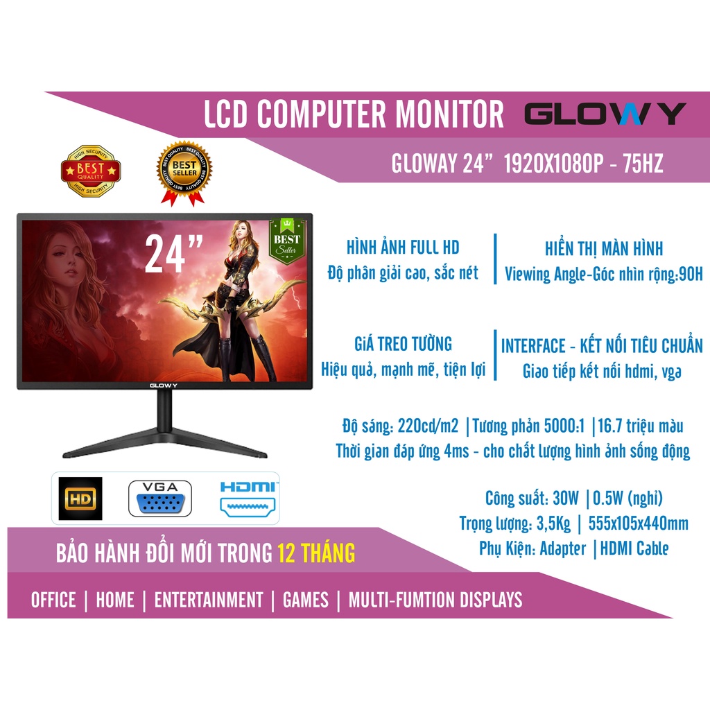 Màn hình LCD Gloway GL24 - Siêu nét Full HD 1080P - Chính hãng bảo hành 12 tháng!