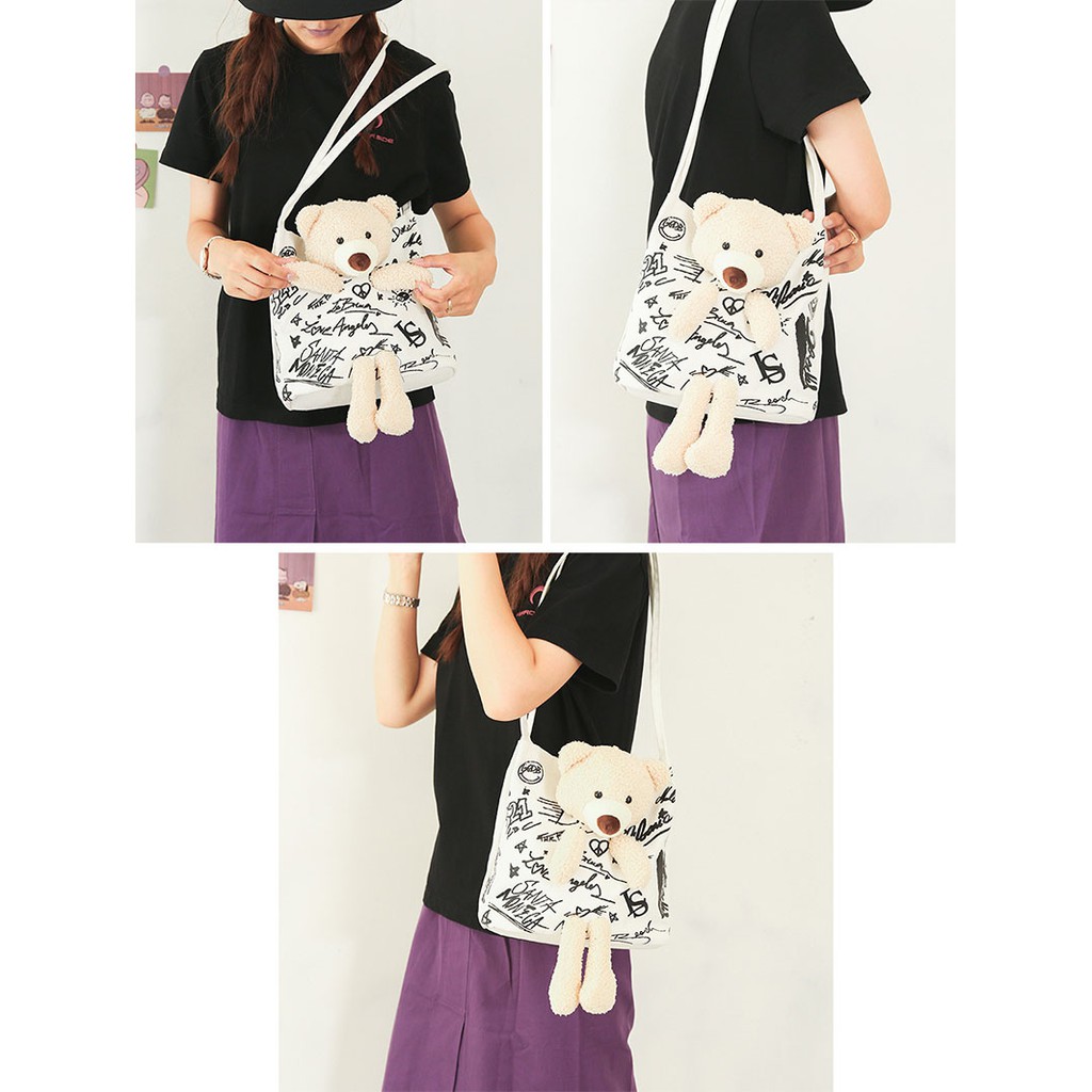 Túi Vải Tote Kèm Gấu Bông To Bự Phối Chữ Xinh Lạ P1933