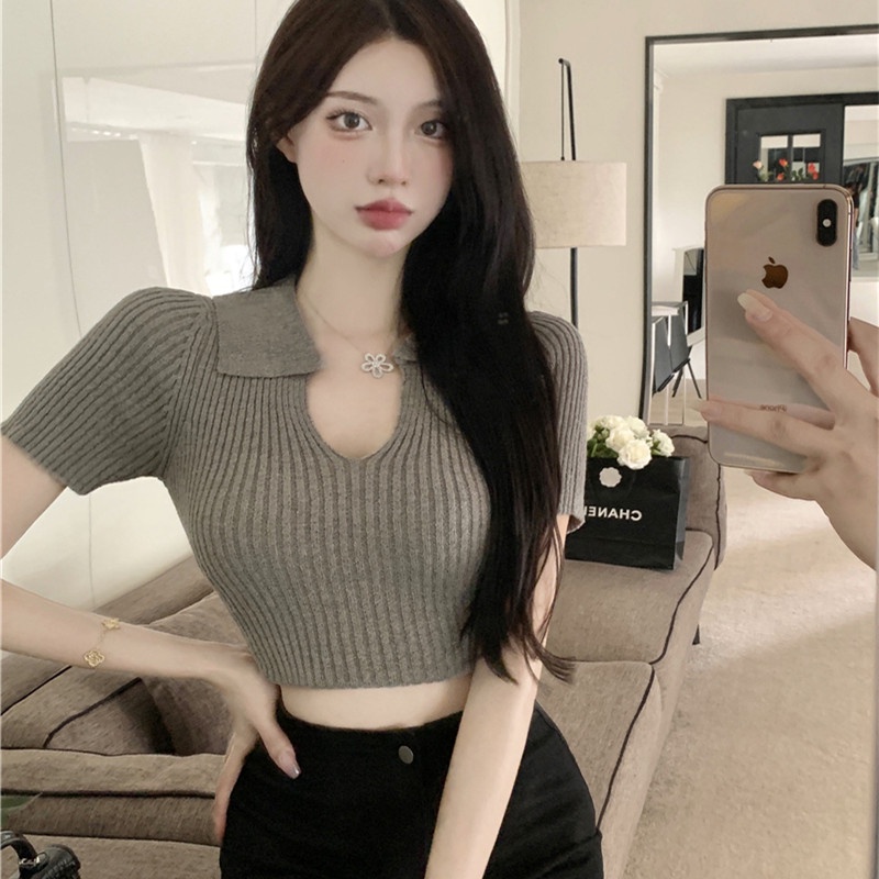 Áo Dệt Kim Ngắn Tay Cổ Chữ V Thời Trang Cá Tính