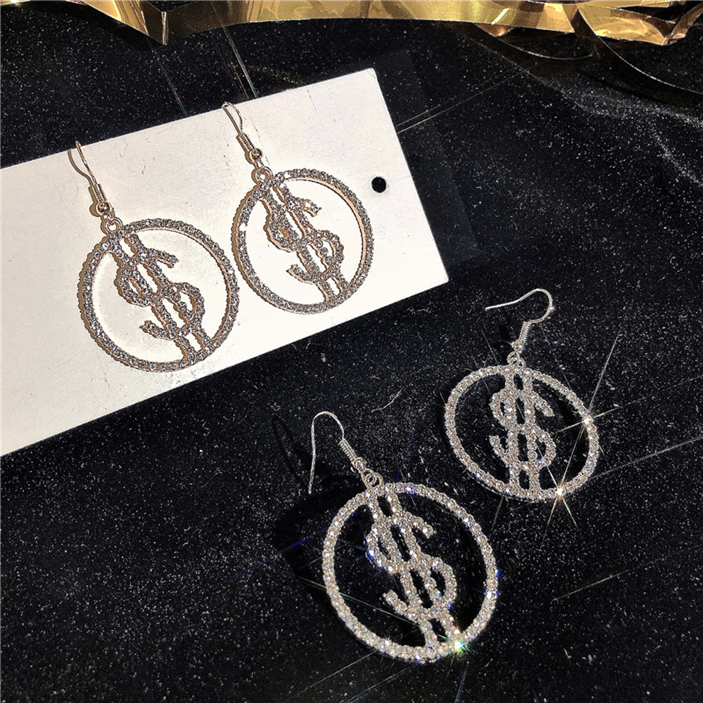 Khuyên tai thả mặt tròn thiết kế biểu tượng đô-la khảm đá thời trang không gây dị ứng