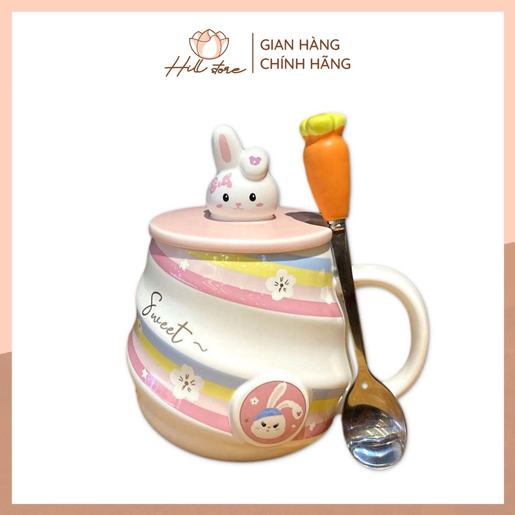 Cốc sứ văn phòng giữ nhiệt cao cấp 420ml, ly sứ uống nước Thỏ Peter cute dễ thương có nắp đậy cỡ lớn HILL STORE