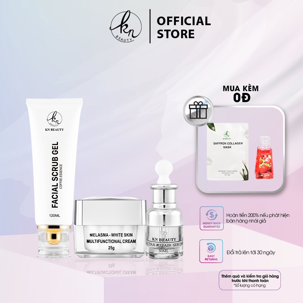 Bộ 3 Trắng Da Ngừa Nám KN Beauty : Kem dưỡng 25g + Serum 30ml+ Tẩy tế bào chết 120ml ( tặng mặt nạ saffron+ gel rửa tay)