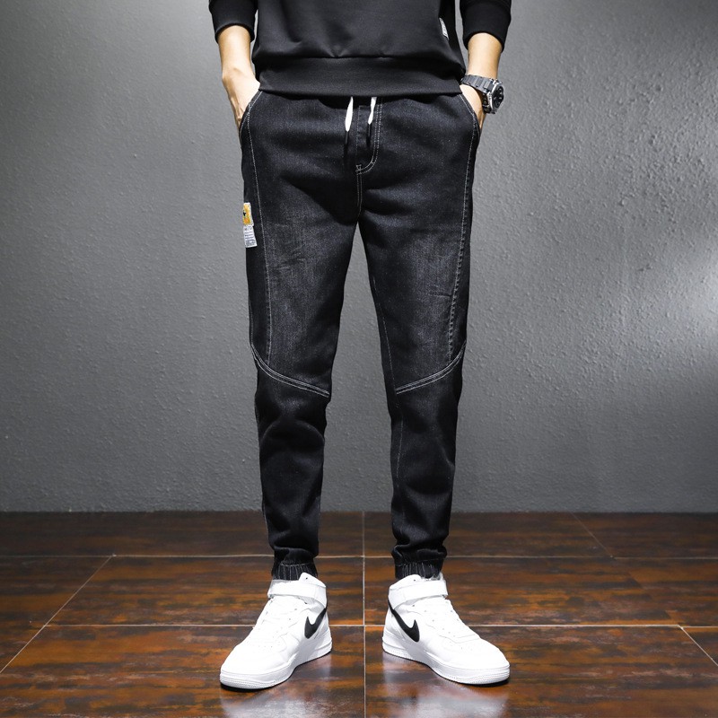 Quần jean jogger thương hiệu form rộng họa tiết dọc phong cách Hàn