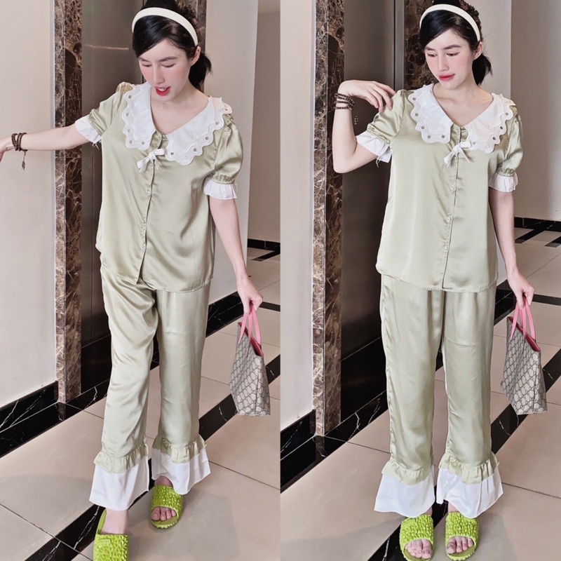 [DƯỚI 62KG] Đồ bộ Lụa tay ngắn quần dài bèo mặc nhà dễ thương