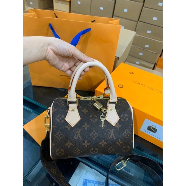 Túi xách đeo chéo da thật cao cấp - Túi L.V trống hoa nâu size 20cm fullbox