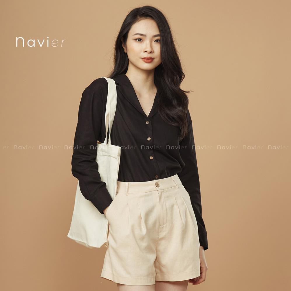 ÁO KIỂU NỮ TAY DÀI PIJAMA CỔ VEST CÔNG SỞ VẢI ĐŨI - LINEN SHIRT SM03 NAVIER ⚡ 💝