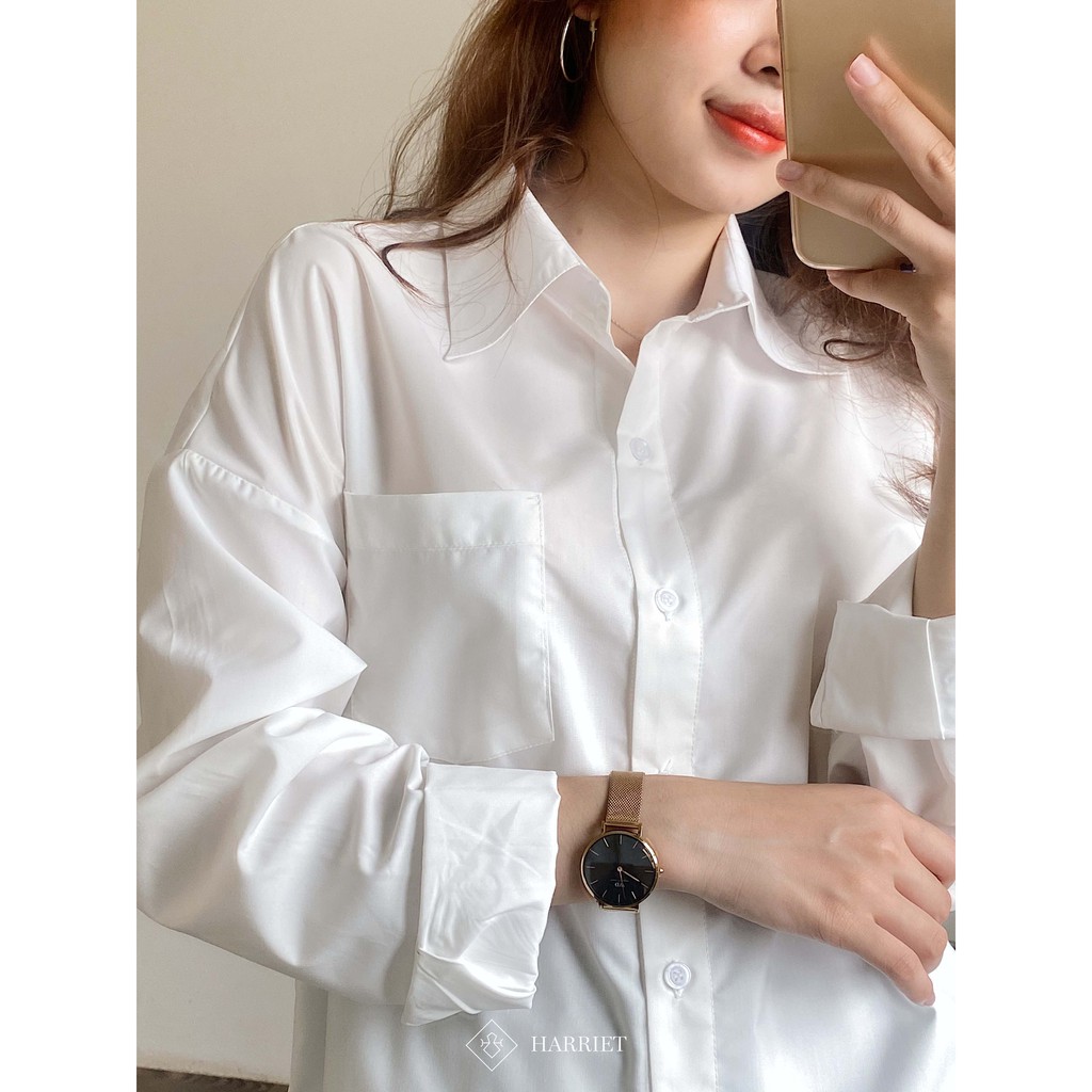 [Mã BMBAU50 giảm 7% đơn 99K] Áo sơ mi nữ trắng túi ngực freesize dáng rộng Boyfriend Harriet