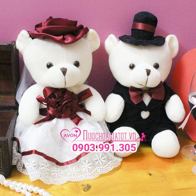 Gấu bông cặp cô dâu chú rể đỏ rượu tặng túi gói quà