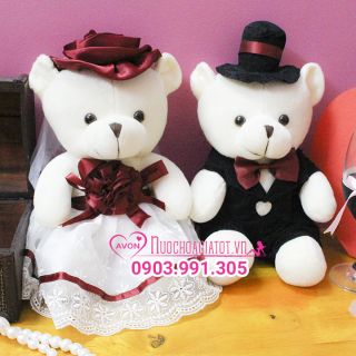 Gấu bông cặp cô dâu chú rể đỏ rượu tặng túi gói quà