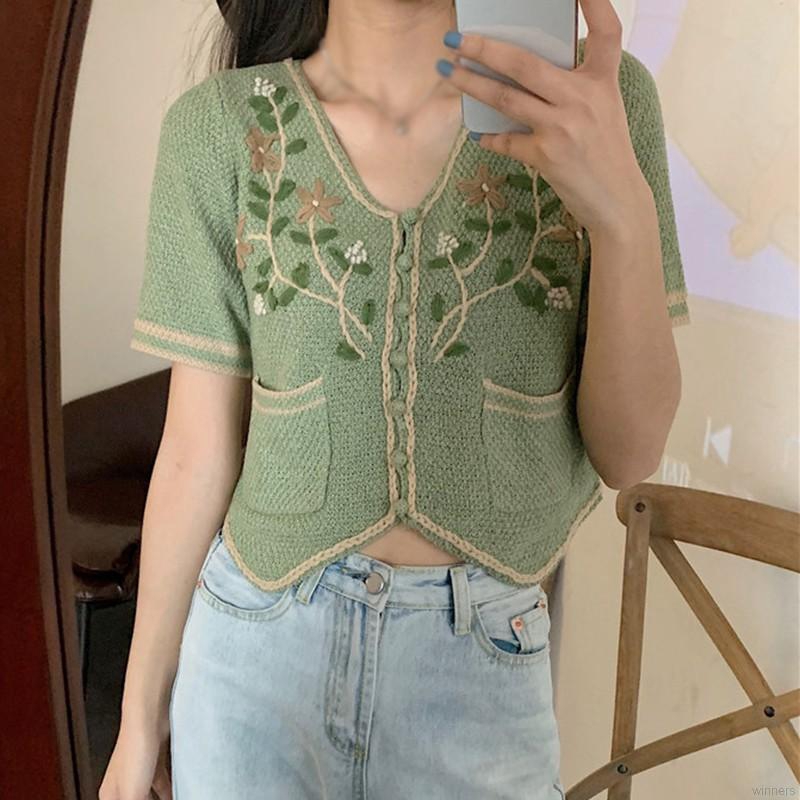 Áo Cardigan Dệt Kim Tay Ngắn Cổ Chữ V Thêu Họa Tiết Vintage Cho Nữ | BigBuy360 - bigbuy360.vn