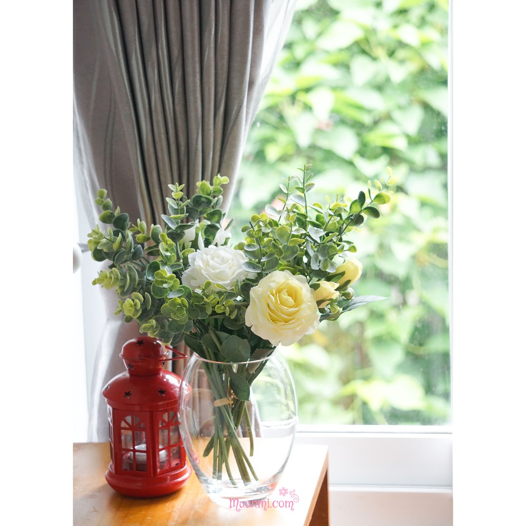 Hoa lụa 🌸 | Bó hoa hồng lá điểm cắm bình trang trí rất xinh (có 3 màu)