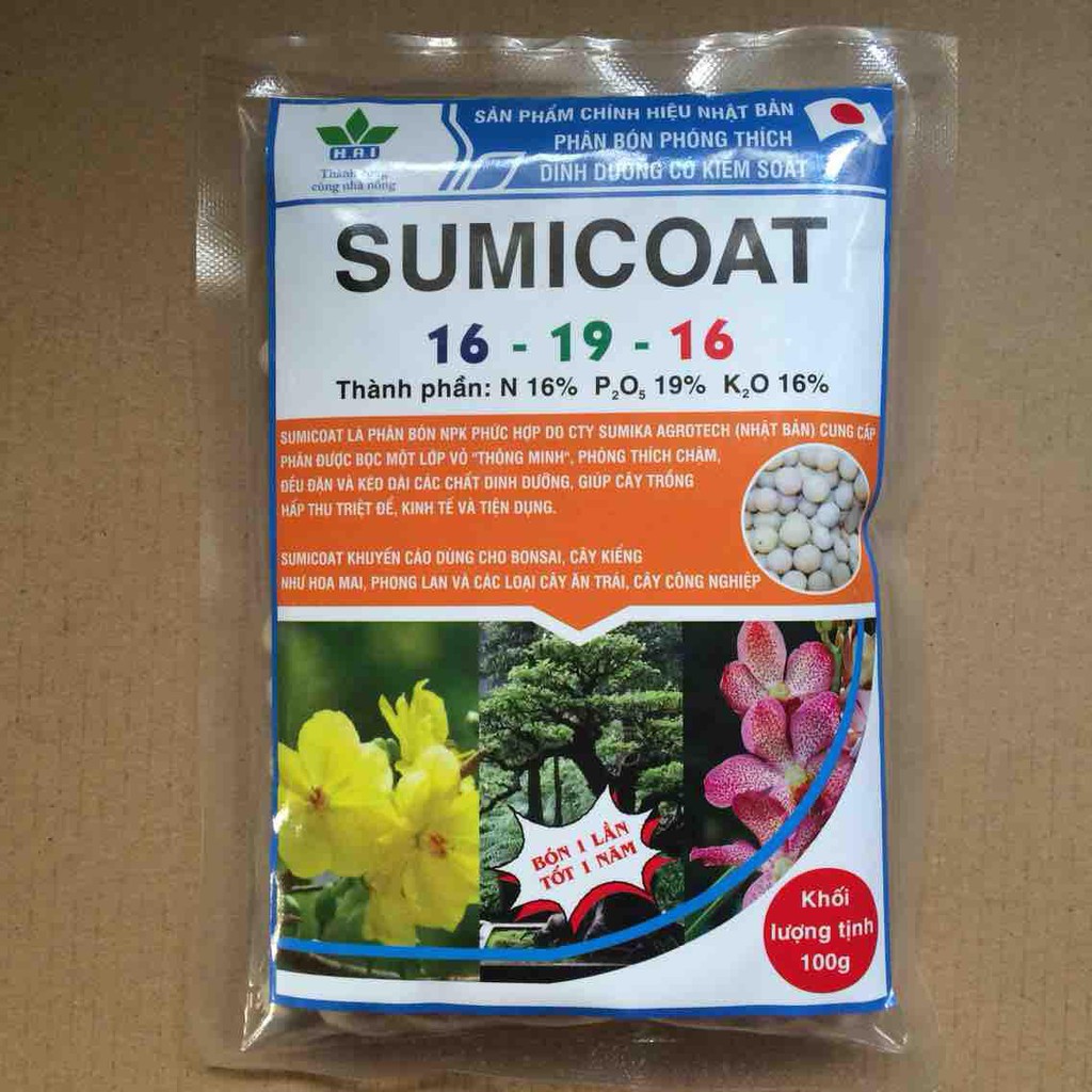 Phân bón tan chậm thông minh Sumicoat 16-19-16 100gr chuen dùng cho phong lan, hoa mai, bonsai