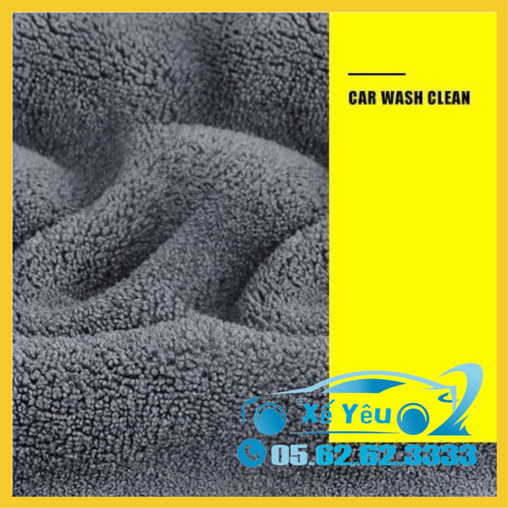 Khăn lau xe hai mặt màu vàng và xám, dày, mềm mại, thấm hút tốt, không rụng lông, kích thước 30cm x 30cm