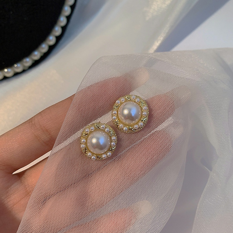Bông tai tròn đính ngọc trai phong cách retro thanh lịch