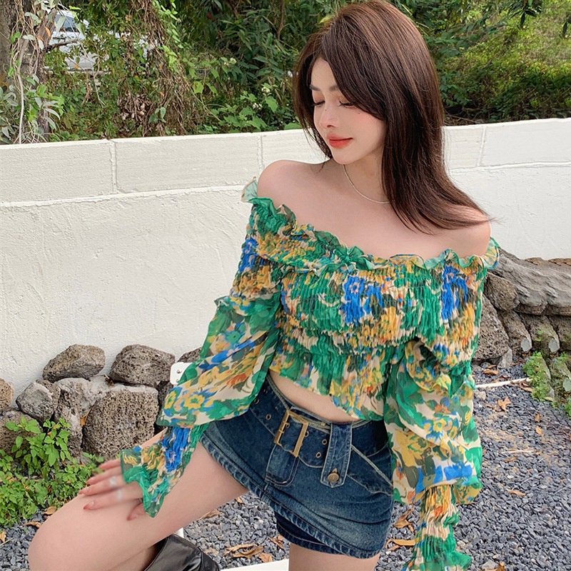 Áo Trễ Vai Tay Dài Họa Tiết Hoa Quyến Rũ Cho Nữ