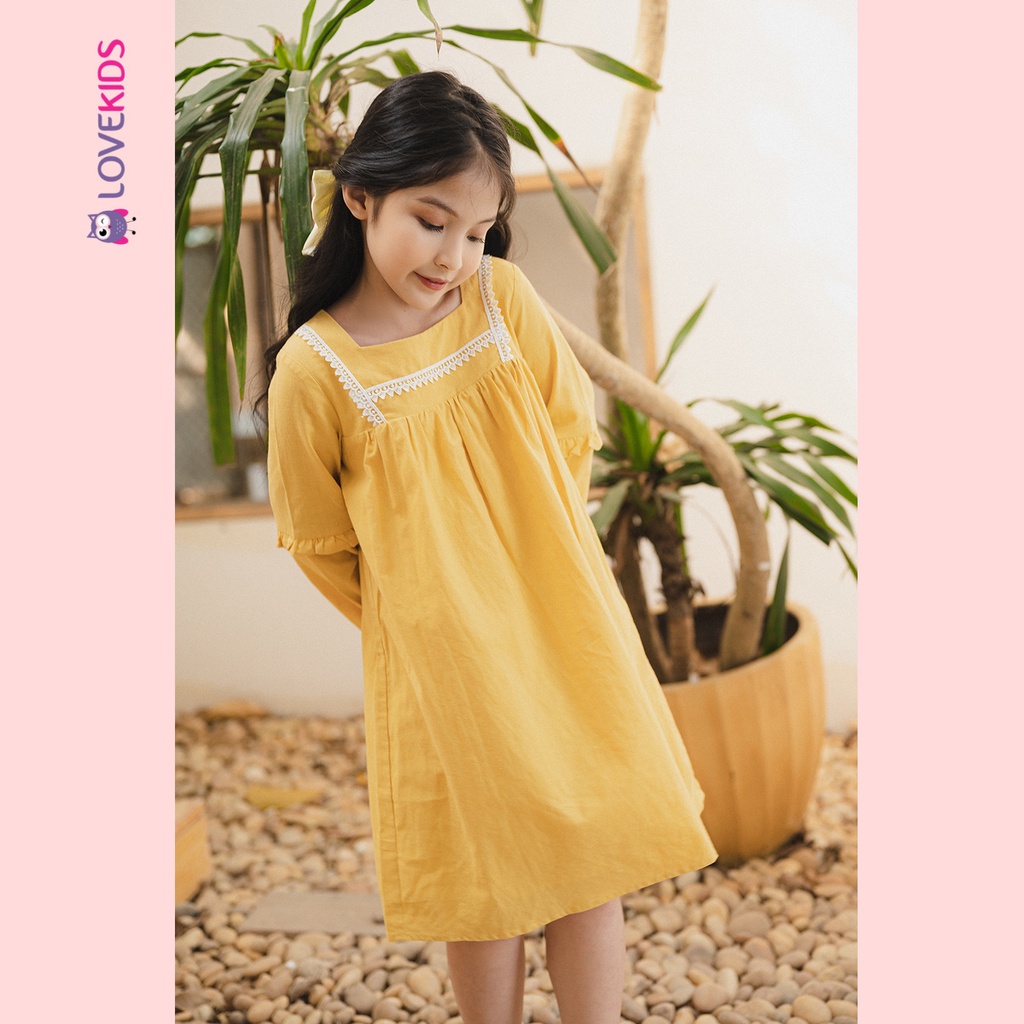 Váy dài tay Premier Fabric linen babydoll phối ren BG - Lovekids