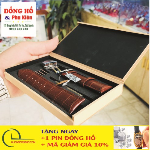 Dây đồng hồ ♥️FREESHIP♥️ da bò thật dập vân cá sấu full hộp gỗ, 4 chốt kèm dụng cụ thay dây