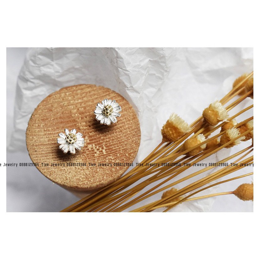 Khuyên tai bạc nữ TLEE hoa cúc nhiều cánh nhị xi vàng 14kara TleeJewelry B0311